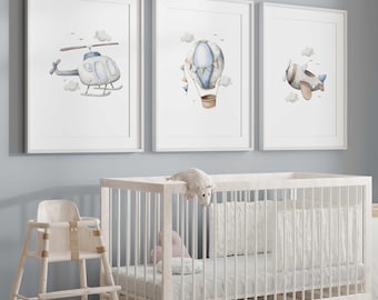 Airplane Nursery Art Prints Set: Helicopter, Balloon, Plane - Blue Aviation Theme