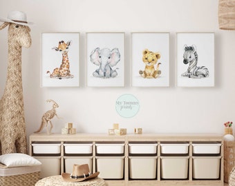 Set van 4 Safari Prints Gender Neutrale Kwekerij Prints Meisjes Slaapkamer Decor Jongen Kamer Baby Jungle Dieren Leeuw Olifant Zebra Giraffe Baby Geschenken