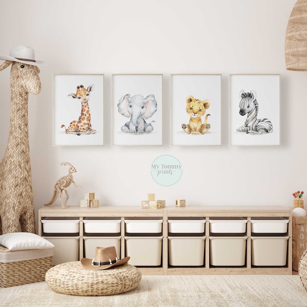 Conjunto de 4 Safari Impresiones Género Neutral Vivero Impresiones Niñas Dormitorio Decoración Niño Habitación Bebé Selva Animales León Elefante Cebra Jirafa Bebé Regalos