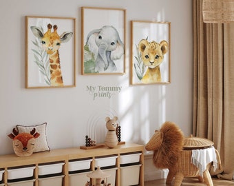 Set of 3 Jungle Safari Prints Kids Wall Art Gender Neutral Animal Nursery Prints Boys Nursery Decor New Baby Gifts Lion Elephant Giraffe