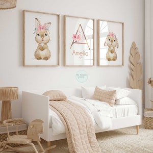 Set of 3 Bunny Rabbit Prints Personalised Girls Nursery Prints Bunnies Girls Bedroom Decor Personalized Newborn Baby Gift Floral Initial Art