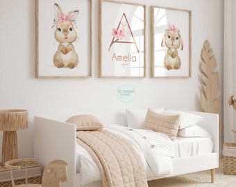 Set of 3 Bunny Rabbit Prints Personalised Girls Nursery Prints Bunnies Girls Bedroom Decor Personalized Newborn Baby Gift Floral Initial Art