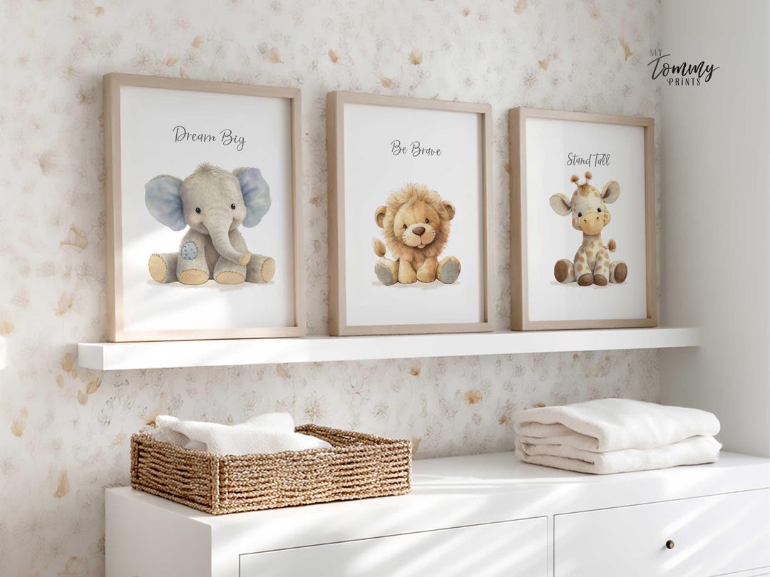 Safari Animal Nursery Prints Set of 3 – Plush Lion Elephant Giraffe ...