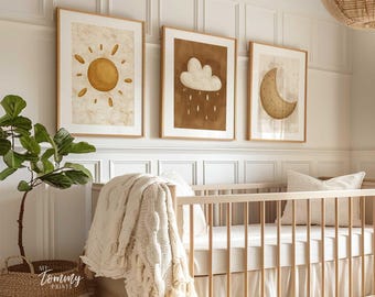 Sun Moon Cloud Nursery Prints: Boho Neutral Decor (Set of 3)