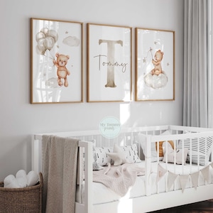 Personalised Teddy Bear Nursery Prints, Neutral Kids Room Wall Art, Newborn Gift, Baby Shower Decor, Set of 3