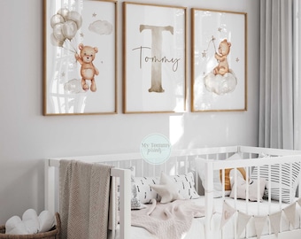 Personalised Teddy Bear Nursery Wall Art Set with Name and Initial Neutral Bedroom Decor Prints