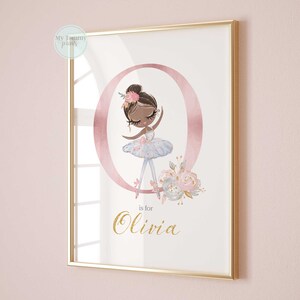 Personalised girls nursery print featuring Black ballerina in pastel tutu with floral details and custom name, perfect for ballet-themed baby or kids room decor