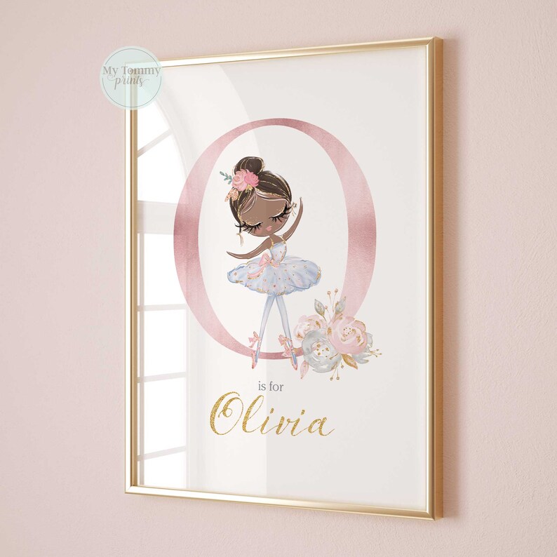 Personalised girls nursery print featuring Black ballerina in pastel tutu with floral details and custom name, perfect for ballet-themed baby or kids room decor