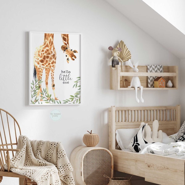 Giraffe nursery wall art, hello little one giraffe print, safari nursery decor, gender neutral giraffe nursery print, giraffe baby gift