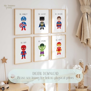 6er Set Superhelden-Drucke für kleine Jungen-Schlafzimmer-Dekor Kleinkind-Schlafzimmer-Drucke Superhelden-Wand-Kunst-Digital-Download Plakat-Drucke