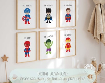 Set of 6 Super hero Prints For Little Boys Bedroom Decor Toddlers Bedroom Prints Super heroes Wall Art Digital Download Poster Prints