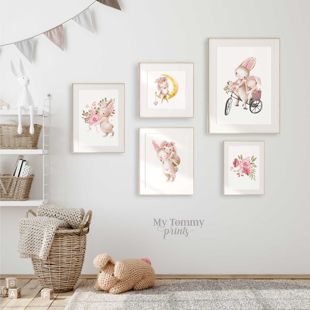 Set of 5 Girls Bunny Prints for Little Girls Bedroom Decor Rabbit ...