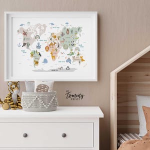 Illustrated kids world map showing continents with cute animals from around the world, educational nursery and kids bedroom wall art print