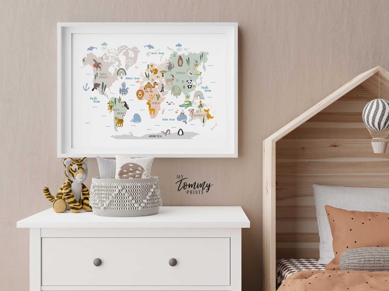 Illustrated kids world map showing continents with cute animals from around the world, educational nursery and kids bedroom wall art print