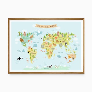 May include: A rectangular wall print featuring a light blue world map with the text MAP OF THE WORLD. The continents are illustrated in shades of green and tan, populated with various colourful cartoon animals, trees, and ocean creatures.