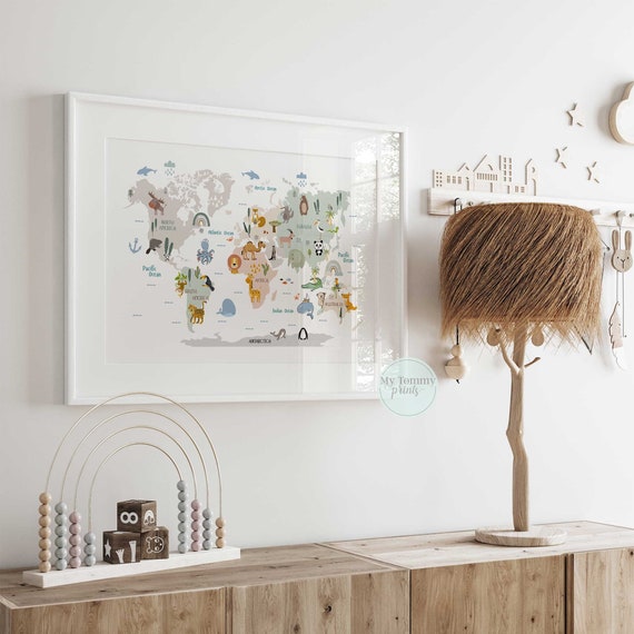 Animal World Map for Kids Educational Wall Art Print Nursery Decor