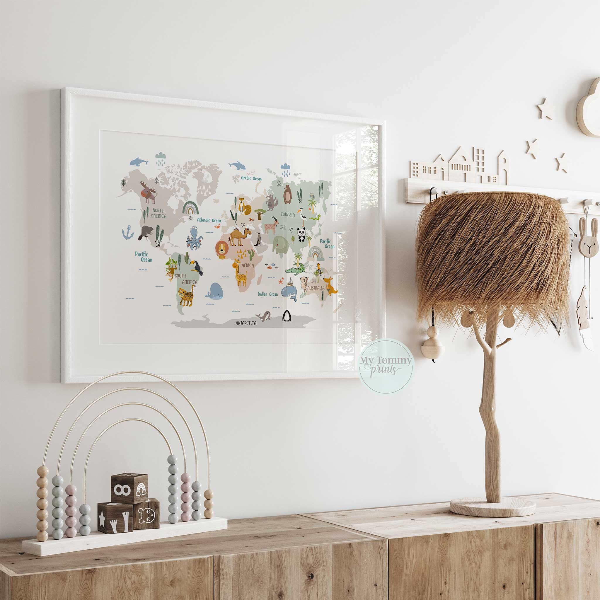 Animal World Map for Kids Educational Wall Art Print Nursery Decor ...