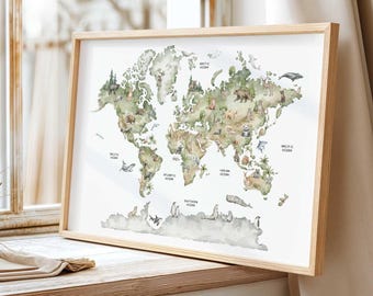 May include: A framed wall art print featuring a world map illustrated in watercolour tones of green, brown, and blue. The map displays various animals native to different continents and oceans, with text labels for the Pacific, Atlantic, and Indian Oceans.