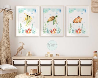 Set of 3 Ocean Life Prints Nursery Prints Wall Art Boys Bedroom Decor Under The Sea Turtle Fish Goldfish Sea Marine Life