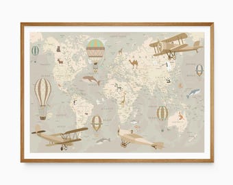 Vintage World Map for Kids Educational Wall Art Print Nursery Decor