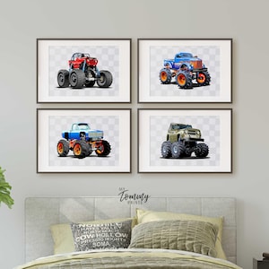 Monster Truck Wall Art Set of 4, Boys Room Prints, Car & Truck Decor, Monster Vehicle Posters, Kids Bedroom Wall Art