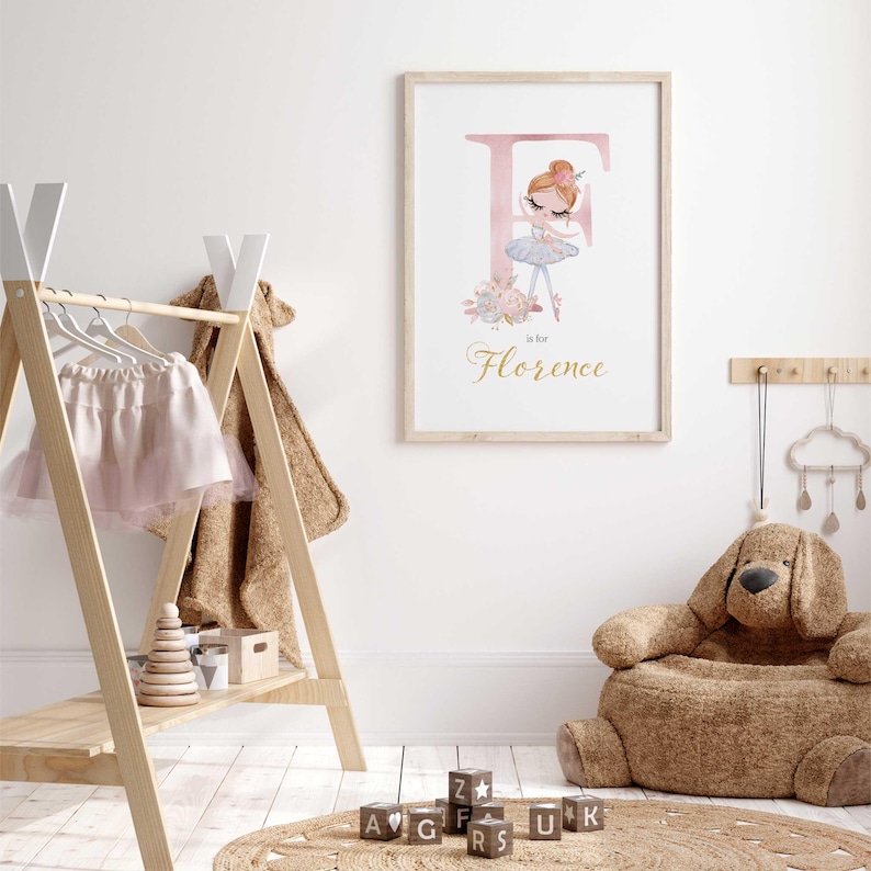 Personalised ballerina name print with pink floral details, gold script name and ballet dancer artwork for a girls bedroom.