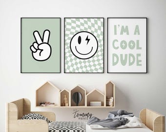 Boys Room Art Prints: Peace Sign, Smiley Face - Set of 3