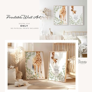 Set de arte imprimible de jirafa para pared de bebé, descarga de animales de safari de Hello Little, decoración de habitación de bebé en la jungla, impresiones digitales de género neutro