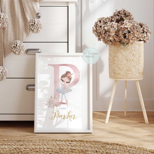 Personalised ballerina name print with soft pinks and florals, designed for girls nursery or ballet-themed bedroom