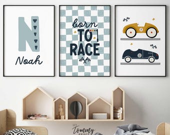 Blue Personalised Race Car Nursery Prints, Boys Bedroom Wall Art, 3 Piece Car Decor