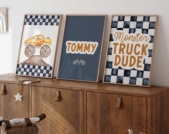 Monster Truck Wall Art: Vibrant Playroom Decor, Personalized Boys Print