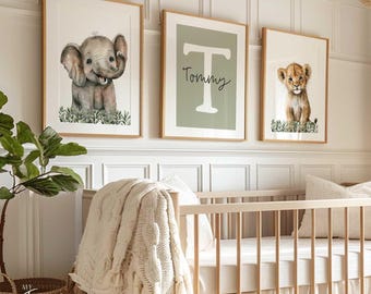 Personalized Safari Animal Nursery Prints, Elephant & Lion Decor (Set of 3)