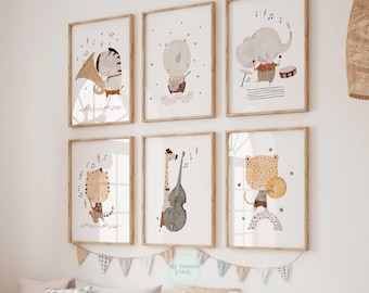 Jungle Animal Music Prints, Safari Nursery Wall Art