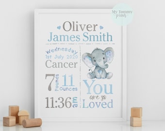 Personalised birth announcement nursery prints bedroom decor baby elephant christening New baby gift boys girls Wall art birth stats