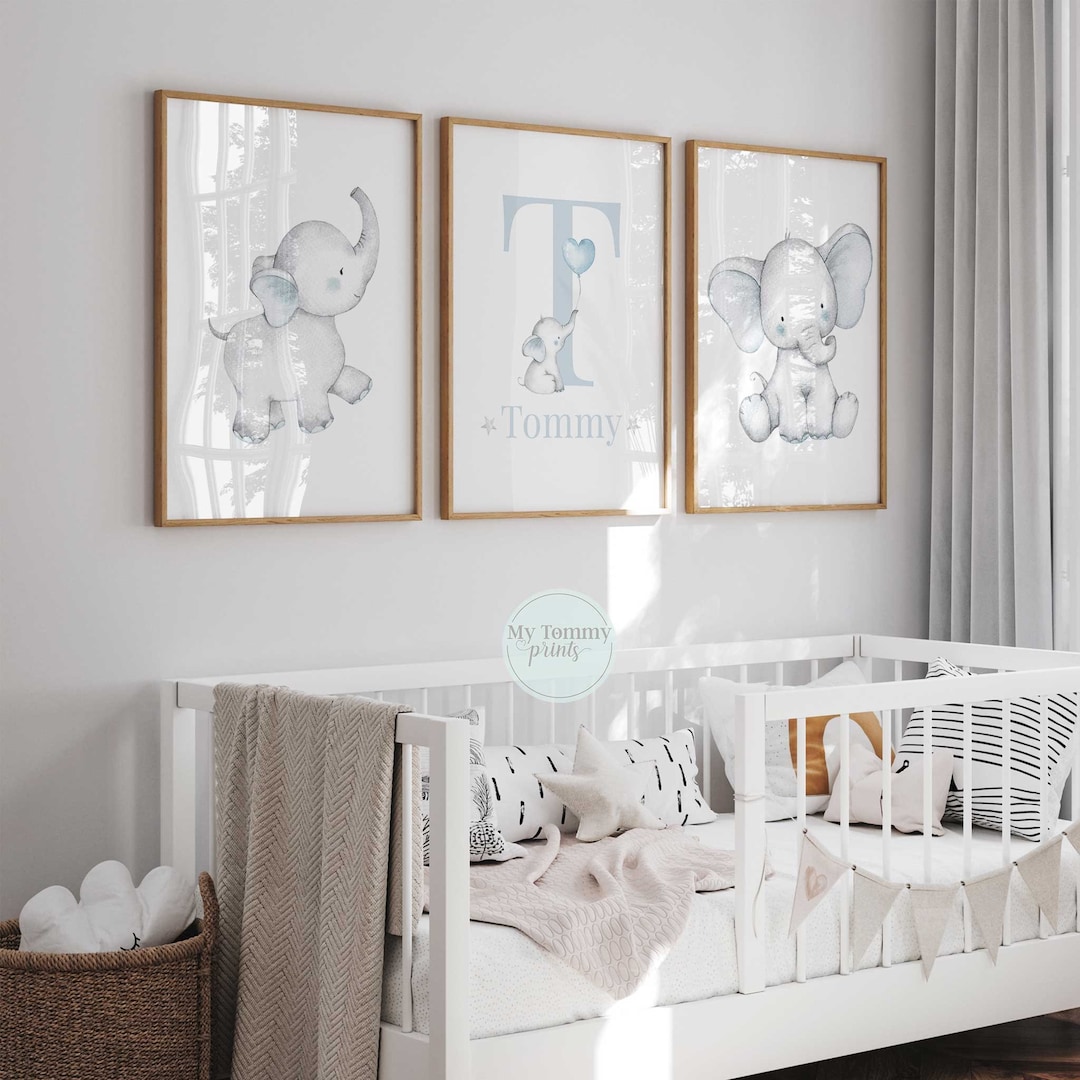 Set of 3 Baby Elephant Prints Baby Boys Personalised Nursery Prints ...