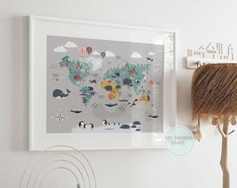 May include: A framed wall print featuring a world map on a gray background with colorful illustrations of animals, hot air balloons, and ocean life. The map includes labels for oceans and continents, with the text My Tommy prints in the corner.