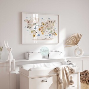 Safari-style animal map wall art for kids bedrooms with labelled continents and friendly creatures.