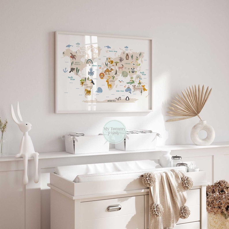 Safari-style animal map wall art for kids bedrooms with labelled continents and friendly creatures.