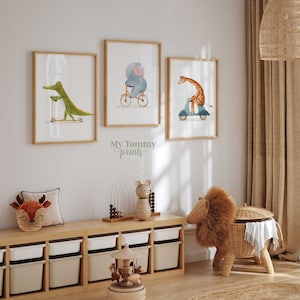 Animal Vehicle Nursery Prints Set of 3, Boys Room Wall Art, Fun Giraffe Elephant Alligator Prints, Toddler Playroom Decor