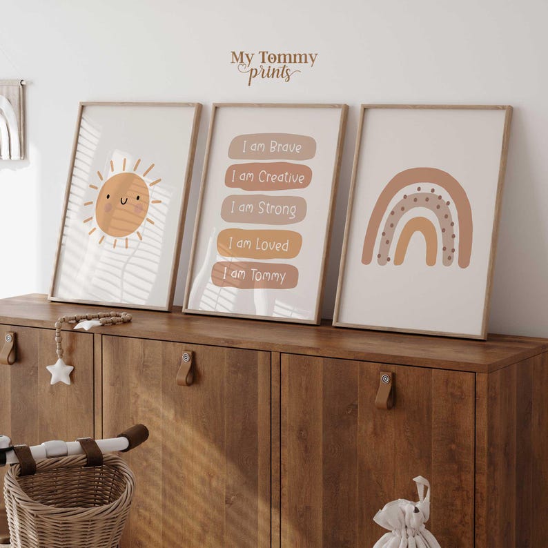 Personalised Nursery Prints Set of 3 Kids Rainbow, Sun and Affirmations ...