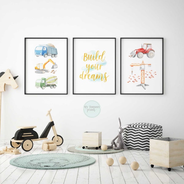 Set of 3 Construction Prints Boys Bedroom Decor Construction Vehicles Wall Art Build Your Dreams Digger Truck Crane