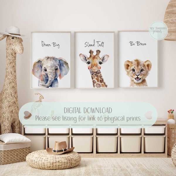 Set of 3 Safari Animal Prints Safari Theme Nursery Prints Jungle Animals Bedroom Decor Watercolour Elephant Lion Giraffe Digital Download