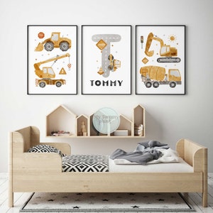 Set of 3 Construction Prints Little Boys Personalised Construction Wall Art For Boys Bedroom Decor Custom Named Prints Personalized Gifts