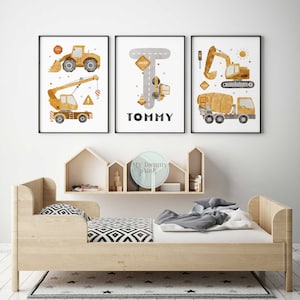 Set of 3 Construction Prints Little Boys Personalised Construction Wall Art For Boys Bedroom Decor Custom Named Prints Personalized Gifts