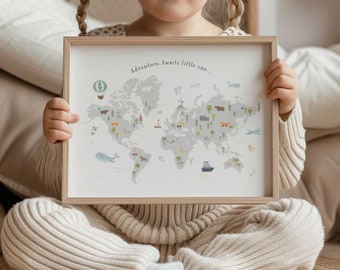 Nursery map print kids world map poster, map for kids, educational playroom prints, animal world map wall art, adventure awaits kids prints