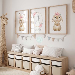 Set of 3 Bunny Rabbit Prints Personalised Girls Nursery Prints Bunnies Girls Bedroom Decor Personalized Newborn Baby Gift Floral Wall Art