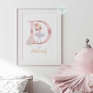 Personalised ballerina nursery print with blonde or brown hair dancer, pink tones and name customisation, ideal for baby girl room decor