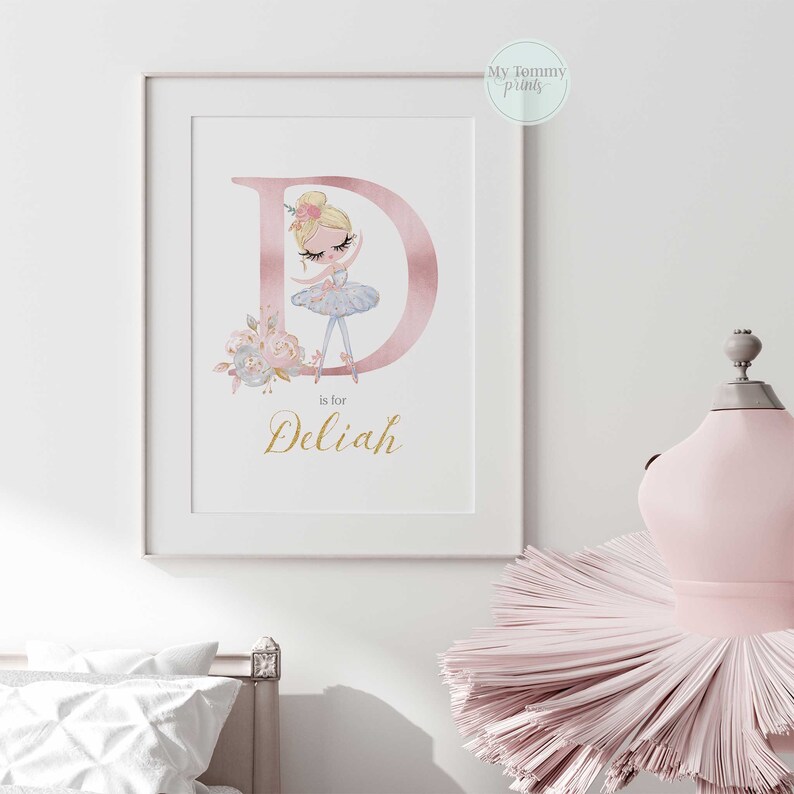 Personalised ballerina nursery print with blonde or brown hair dancer, pink tones and name customisation, ideal for baby girl room decor
