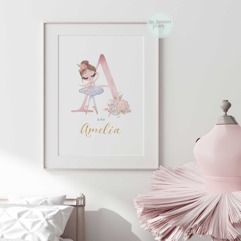 Custom girls ballet wall art featuring elegant ballerina with personalised name and soft pastel tones, perfect for nursery or bedroom