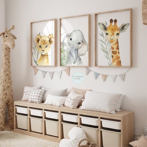 Safari Animal Nursery Prints Set of 3, Jungle Wall Art for Boys or Girls, Gender Neutral Baby Room Decor, Giraffe Lion Elephant